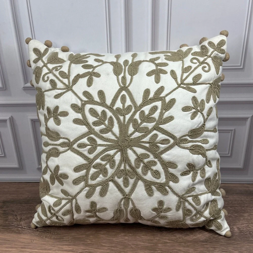 Pottery Barn Throw Pillow 12 x 12 White Tan Crewel Embroidered Pom-Pom Trim